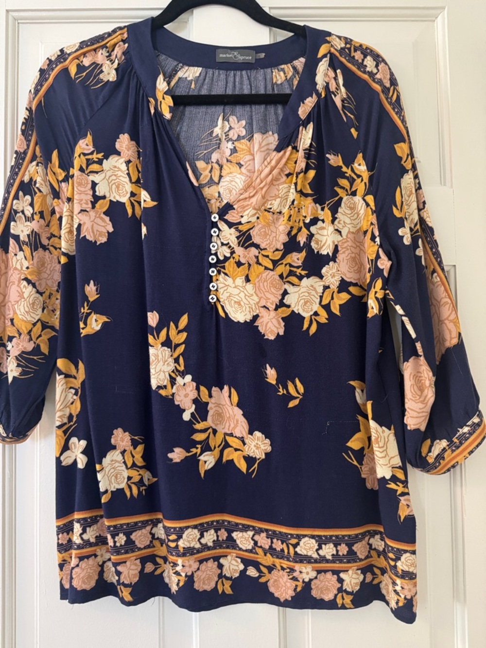Market & Spruce Navy Floral Button-Front Blouse